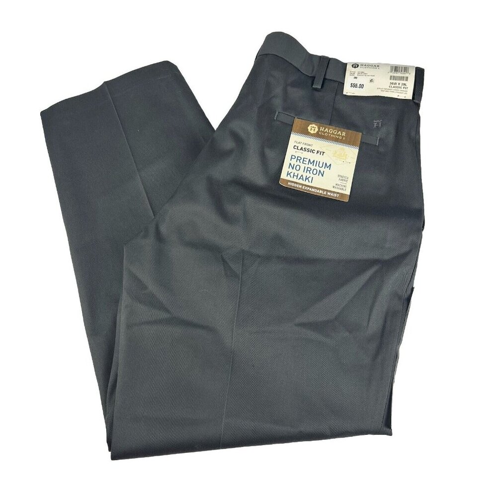 Men's Hagger Clothing Classic Fit Premium No Iron Gray Khaki Pants Sz 36x29